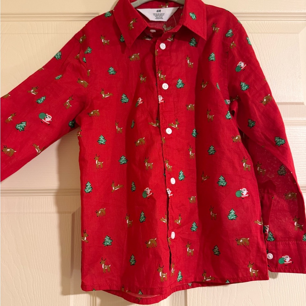 H&M Red Kids Button Down Shirt with Festive Print